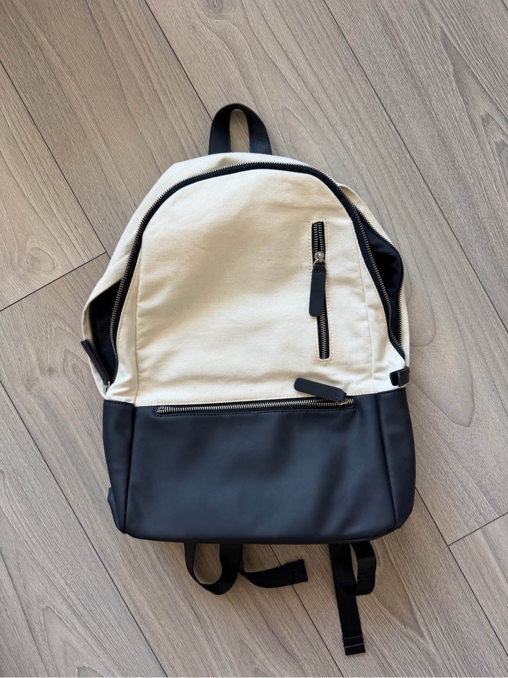 Canvas and Faux Leather Two-Tone Backpack - Cream & Black